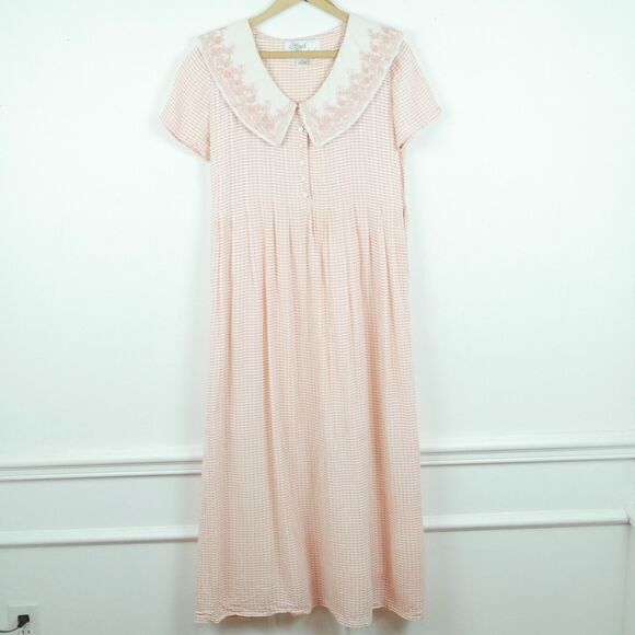 Vintage Size 6 Dress Embroidered Collar Pink Gingham Cottagecore 90s Dainty Midi - Picture 1 of 10